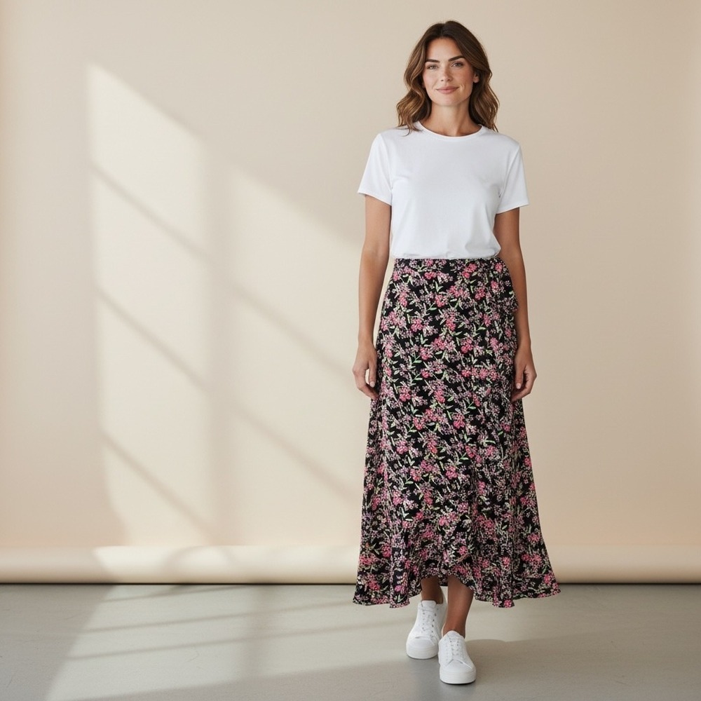 Vintage MARONIE Black Pink Floral Wrap Maxi Skirt Cottage Coquette Romantic‎ Y2K
